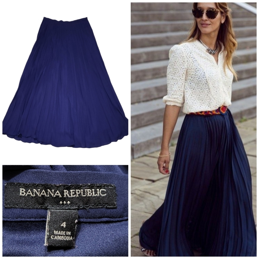 Banana Republic Pleated Maxi Skirt Navy Maritime Blue Sz 4 | Preppy Holiday City